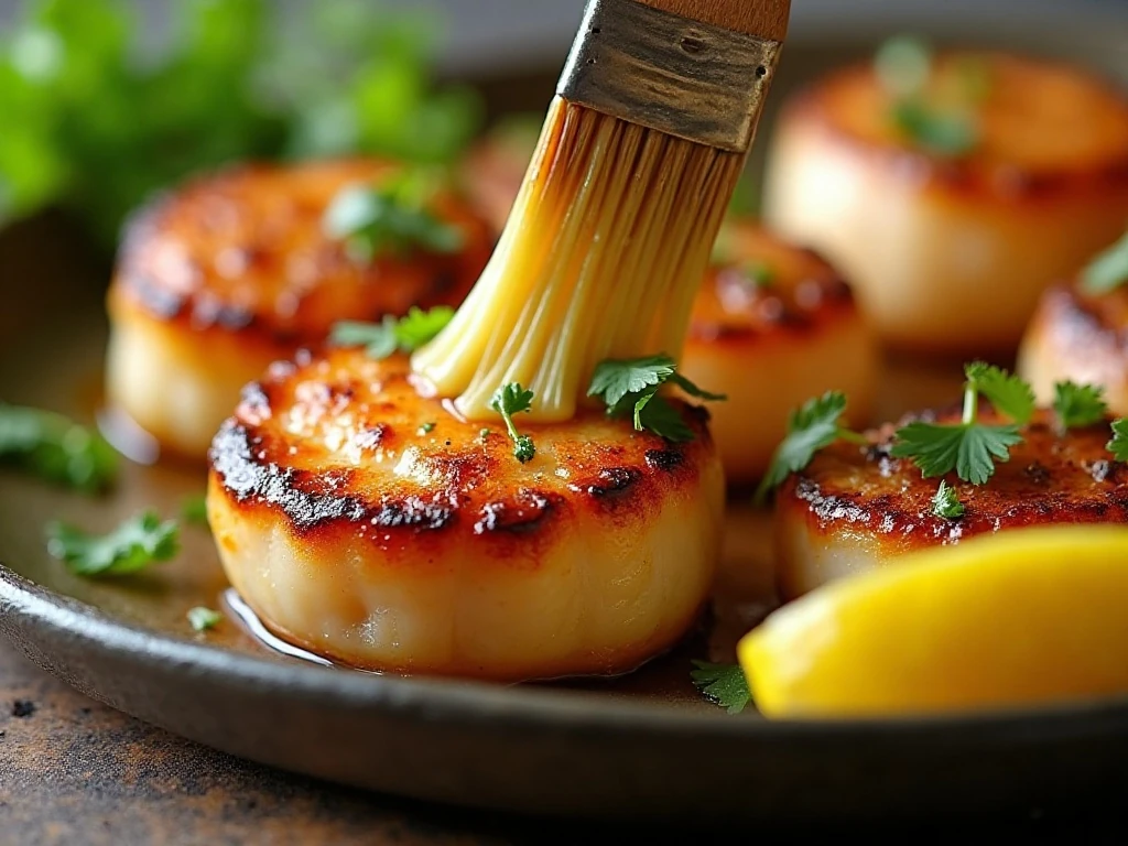 Grilled scallops brushed with garlic butter and parsley