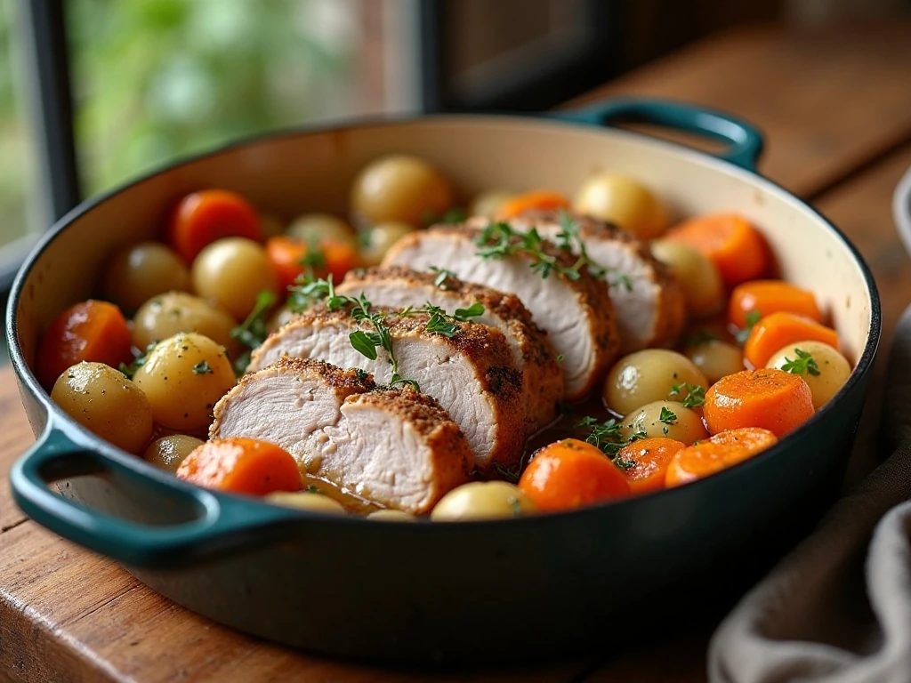 Sliced garlic and herb pork roast served with potatoes, carrots, and onions