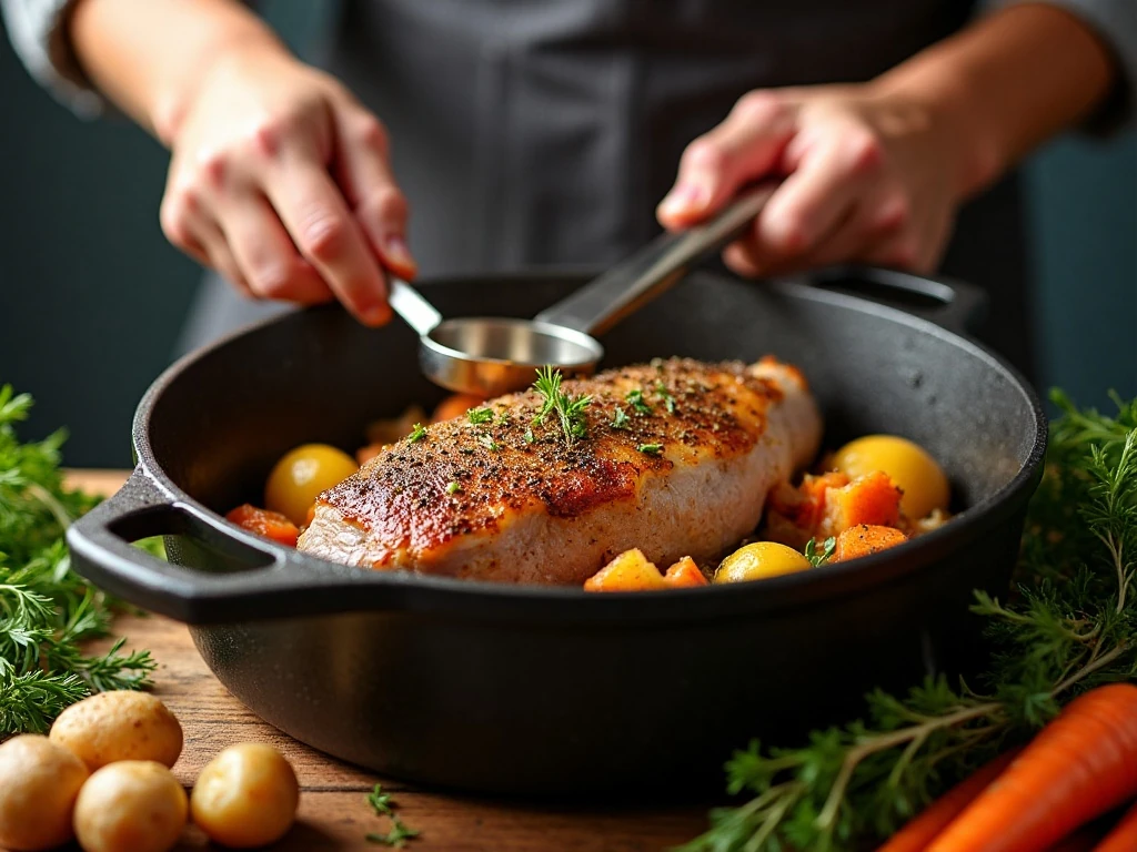 Pork loin browning in a Dutch oven before roasting