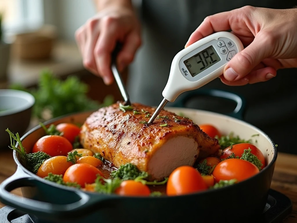 Checking pork roast temperature with an instant-read thermometer