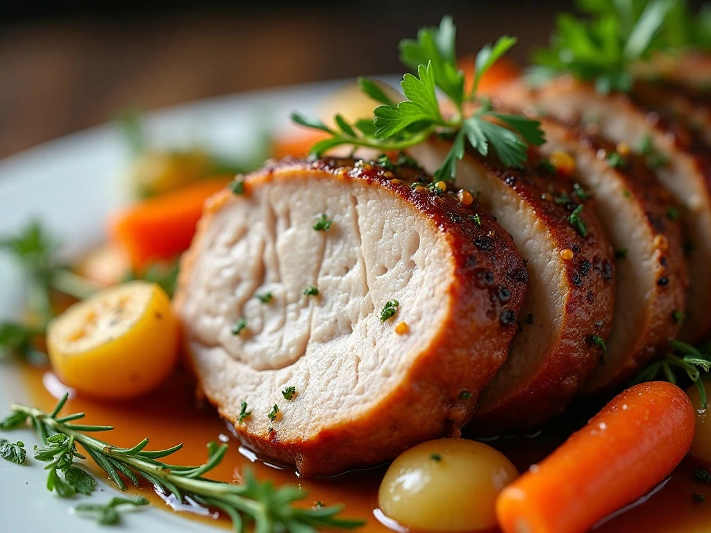 Close-up of sliced pork roast with fresh herb garnish and pan juices