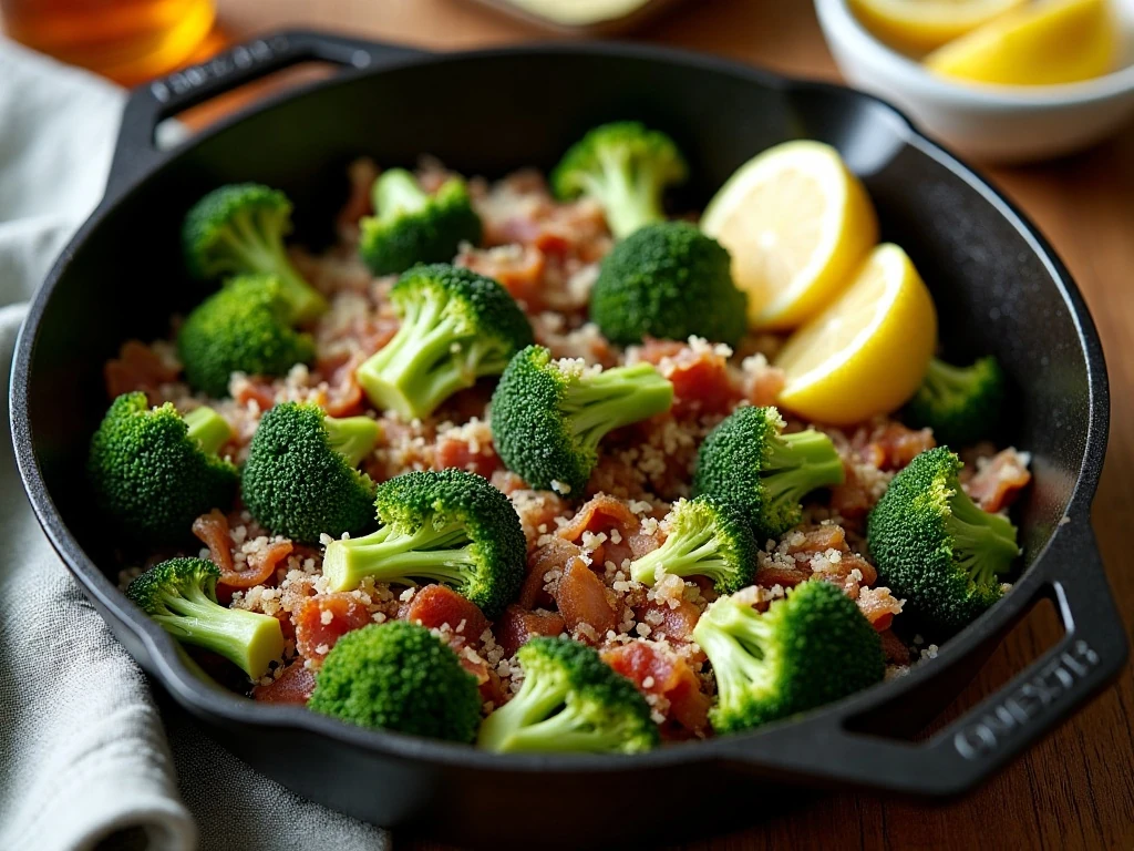 Garlic bacon broccoli skillet served hot in a cast-iron pan