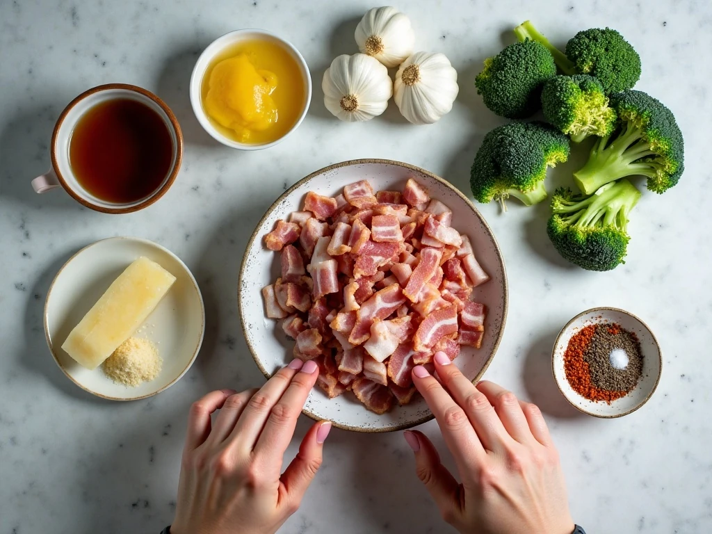 Ingredients for garlic bacon broccoli skillet