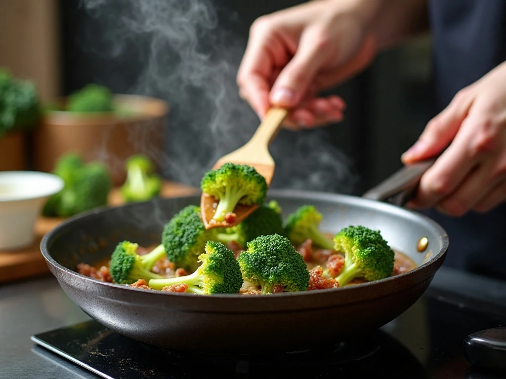 Broccoli cooking in a skillet with bacon fat