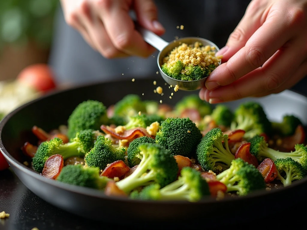 Garlic being added to broccoli near the end of cooking
