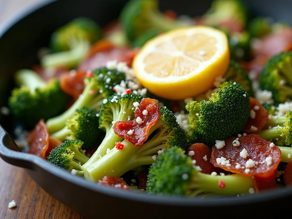 Parmesan and lemon garnished garlic bacon broccoli