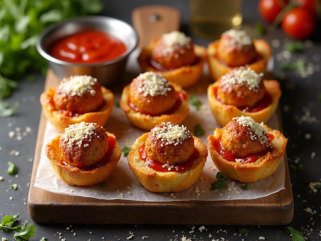 Golden garlic bread meatball sub cups served with marinara