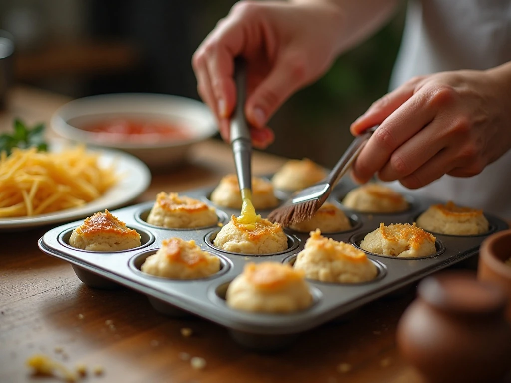 Biscuit dough cups being prepared in a muffin pan