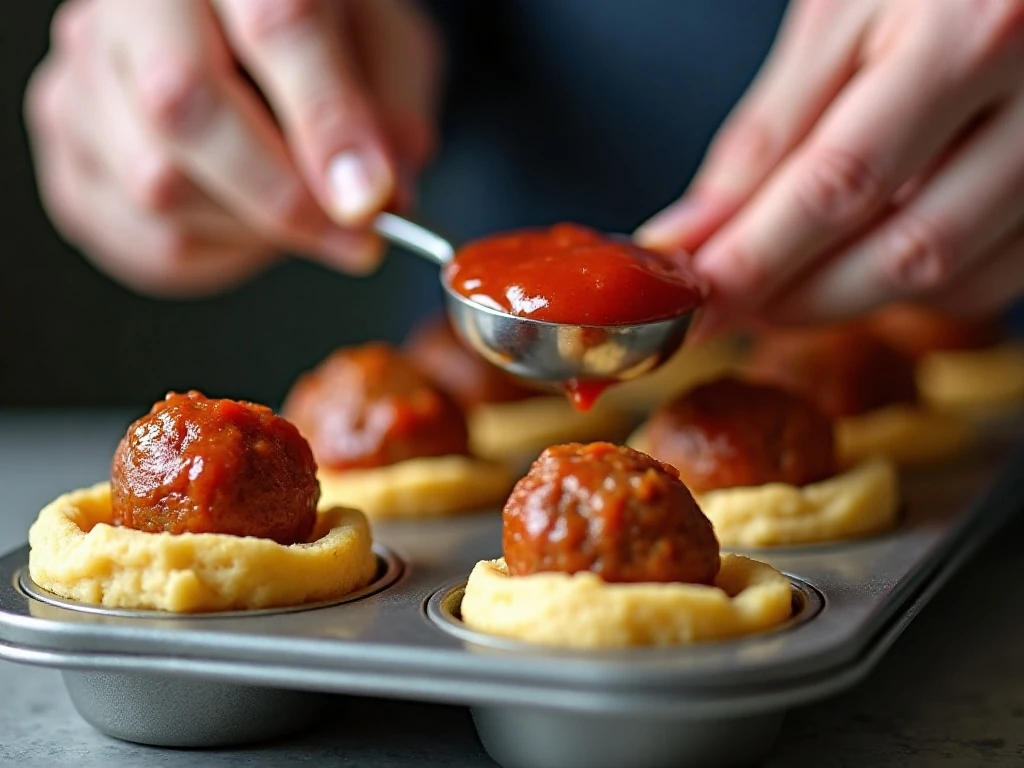 Filling biscuit cups with marinara and meatballs