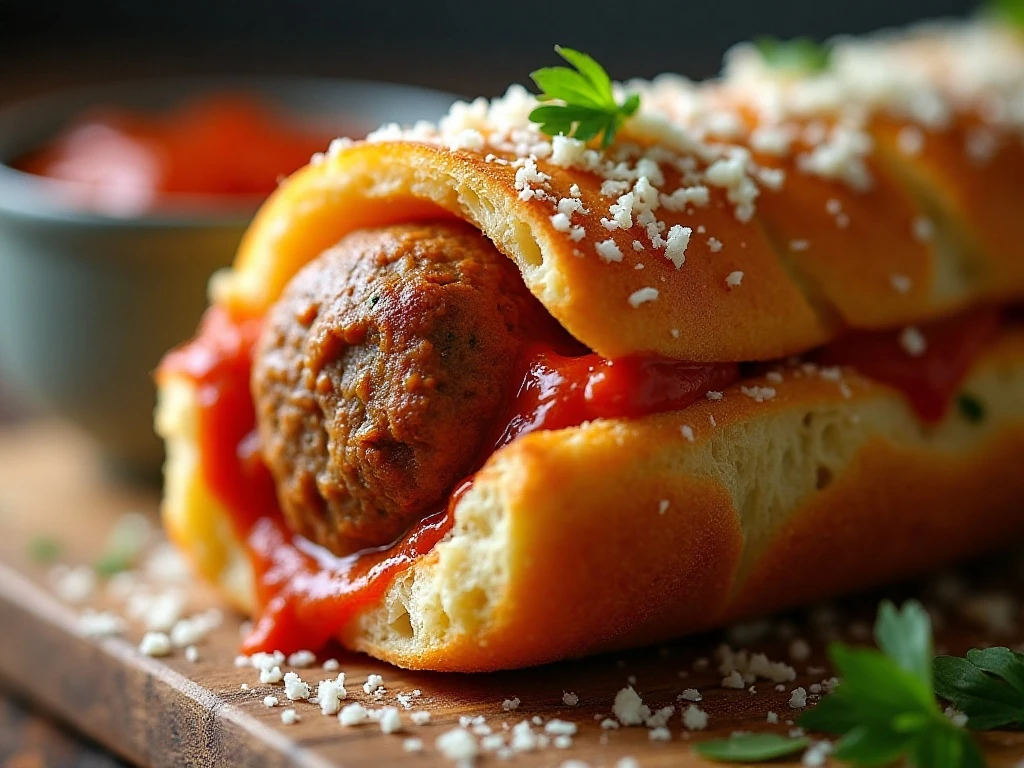 Close-up of a cheesy garlic bread meatball sub cup
