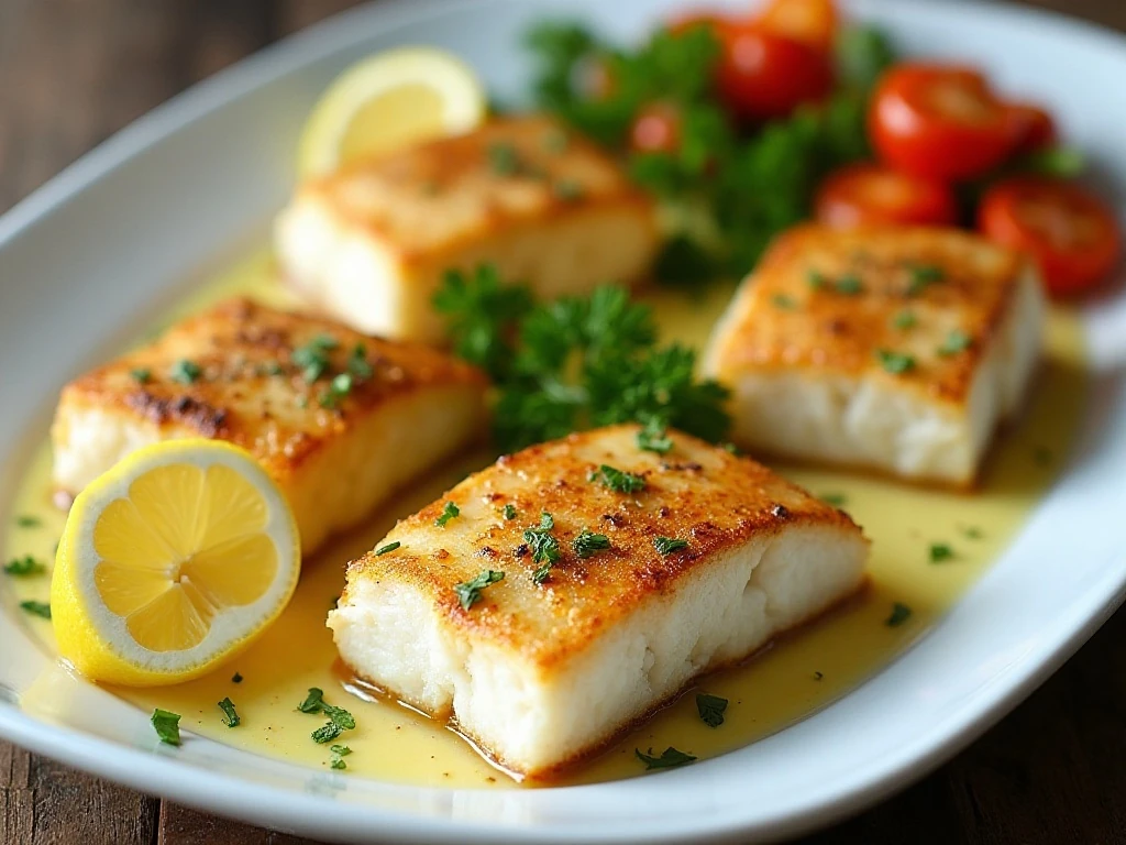 Garlic butter baked cod served with lemon and parsley