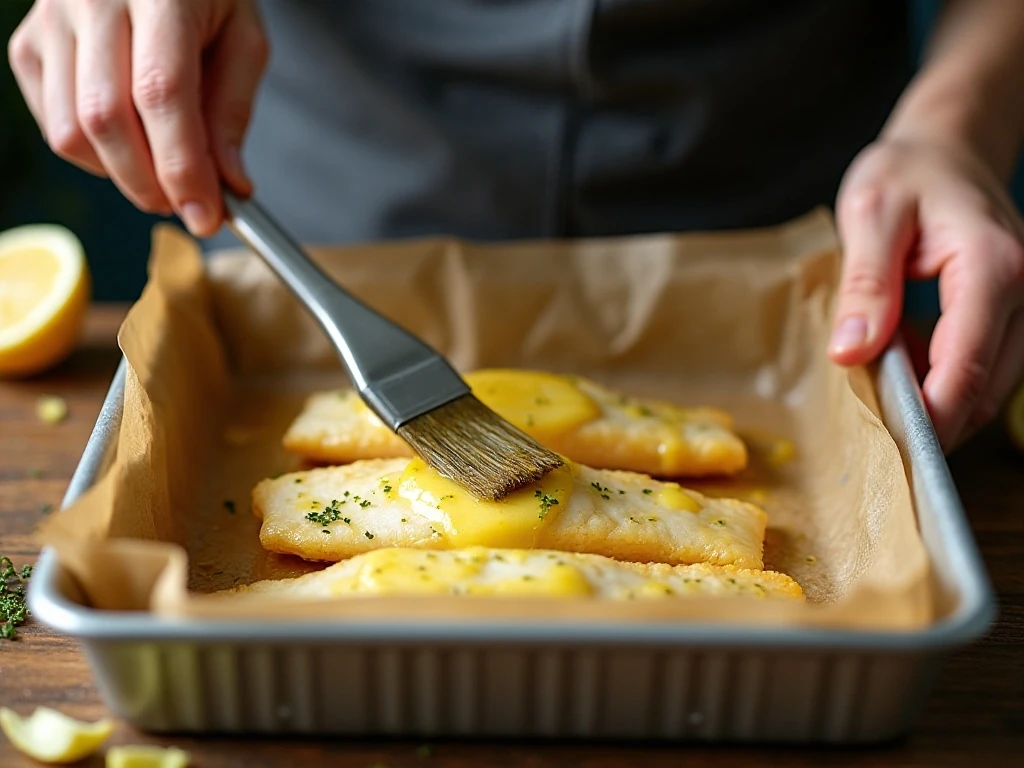Brushing garlic butter sauce over cod before baking