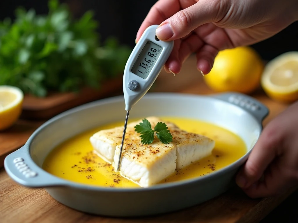 Checking baked cod for doneness with a thermometer