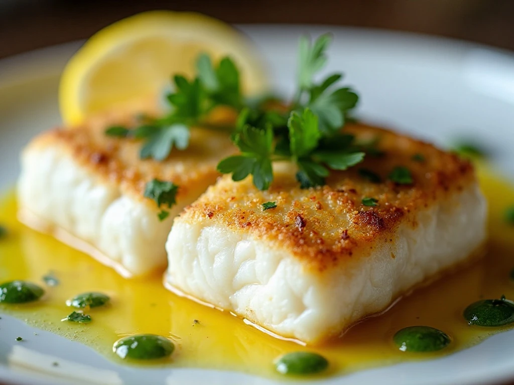 Close-up of parsley-garnished garlic butter cod with lemon