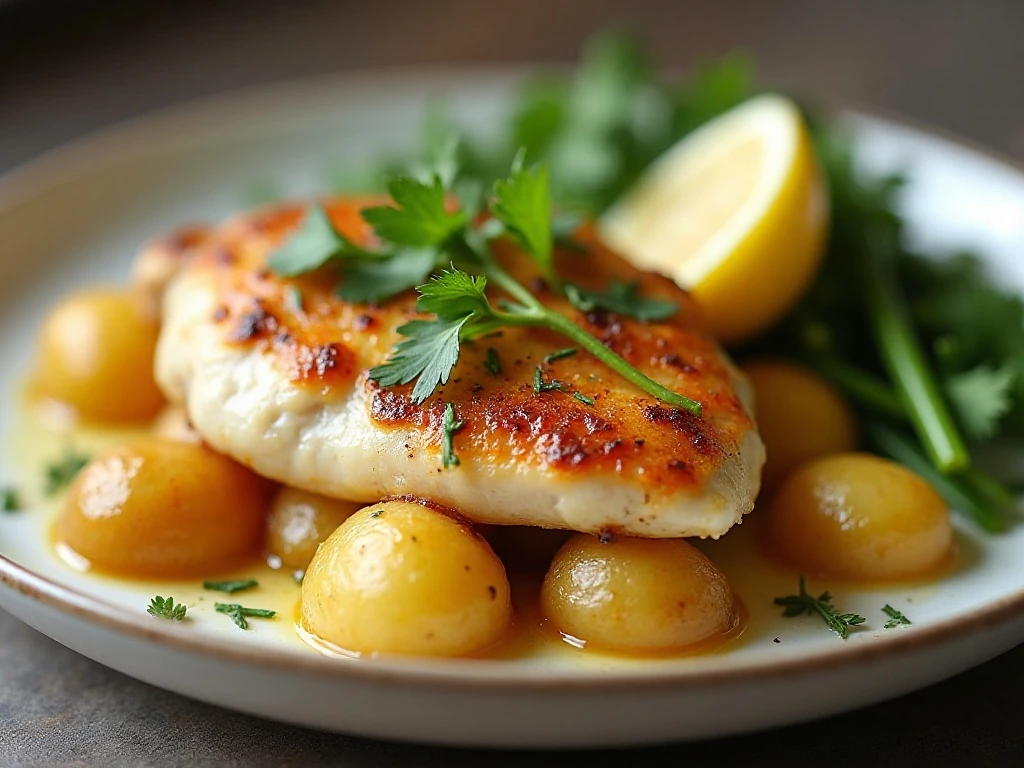 Parsley and lemon garnish on garlic butter chicken and potatoes