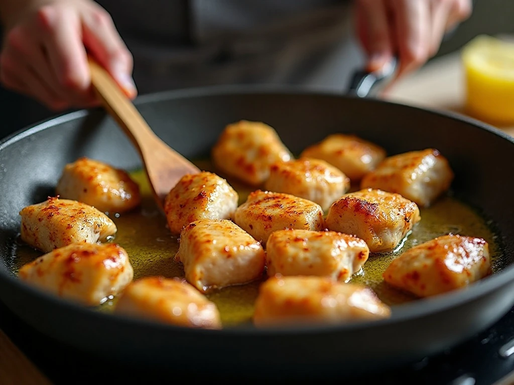Chicken bites browning in a skillet before adding garlic butter