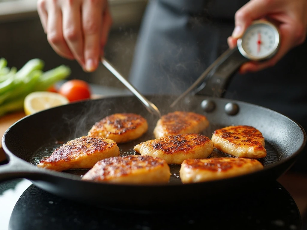 Evenly spaced chicken bites searing until golden brown