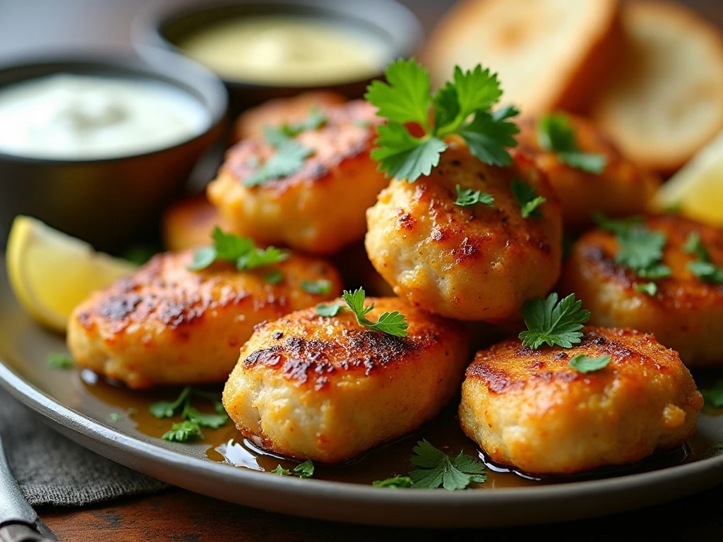 Garlic butter chicken bites with parsley, lemon, and dipping sauces