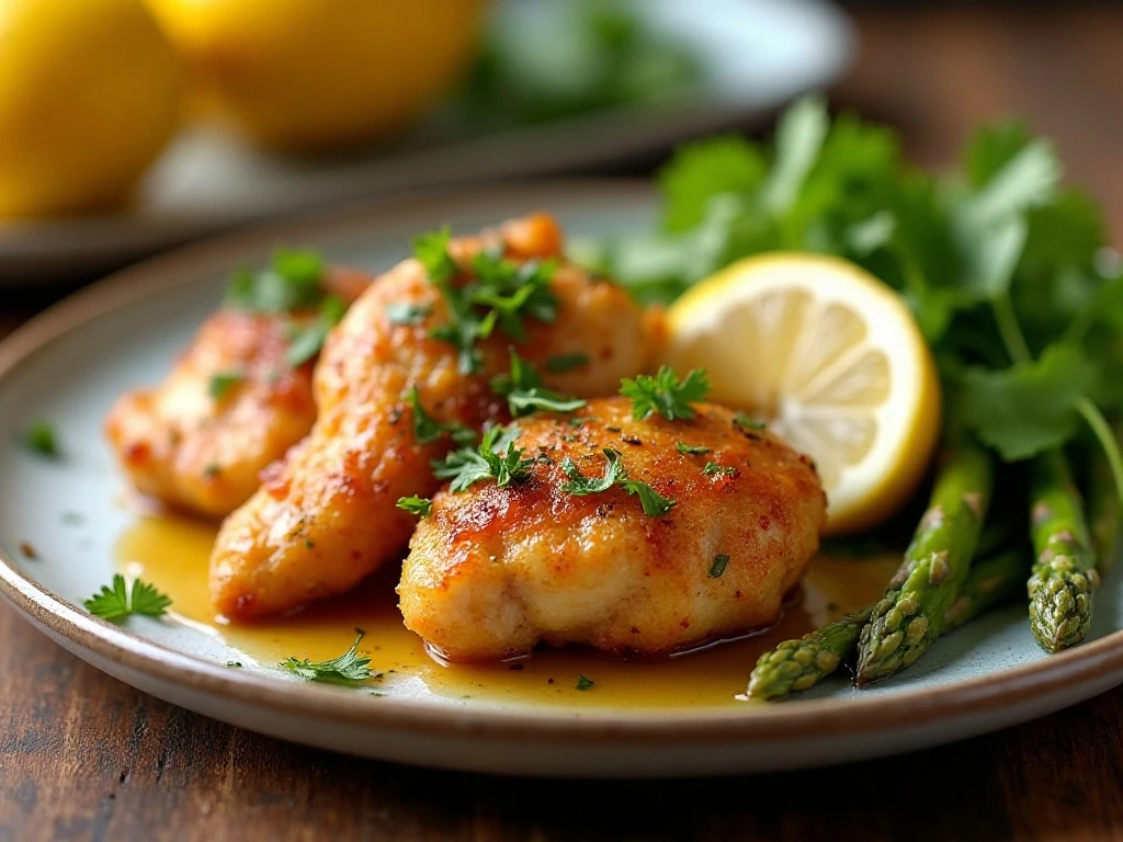 Garlic butter chicken bites served with lemon asparagus