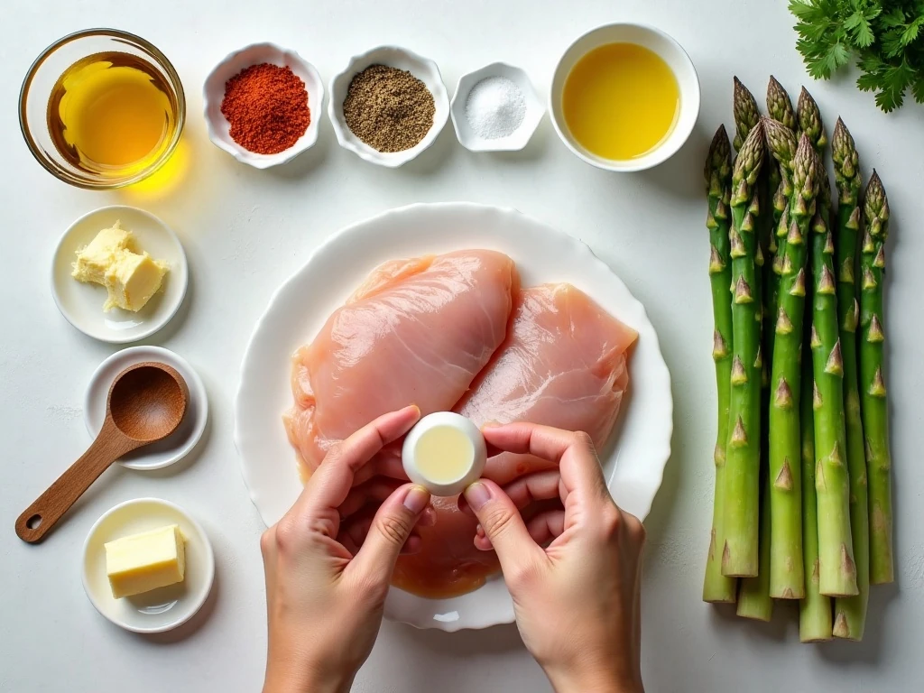 Ingredients for garlic butter chicken bites with lemon asparagus
