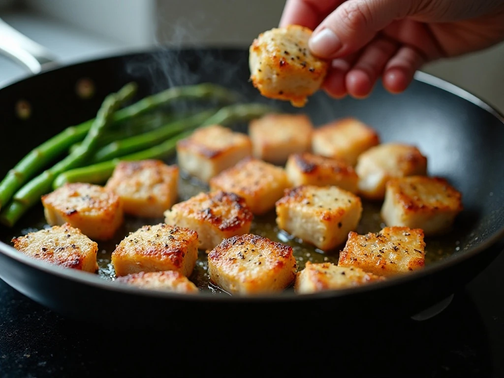 Chicken bites and asparagus cooking in a skillet