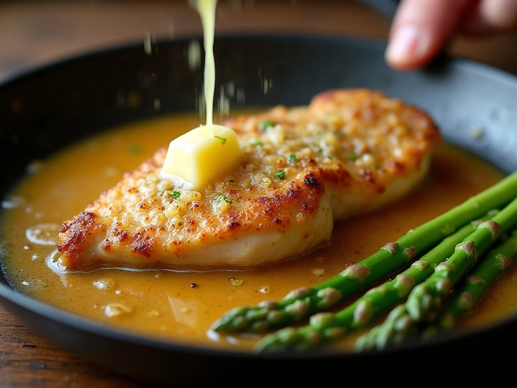 Garlic butter sauce forming in the skillet