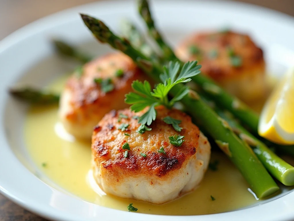 Parsley-garnished garlic butter chicken and lemon asparagus