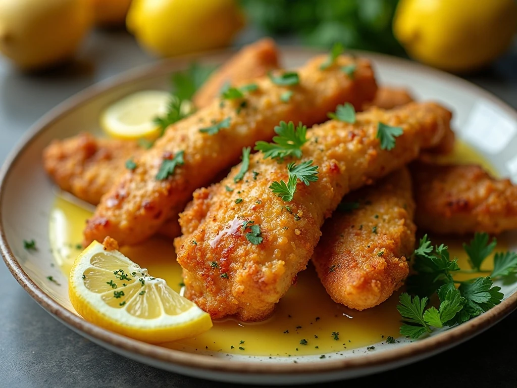 Golden garlic butter chicken tenders served with lemon garlic butter sauce