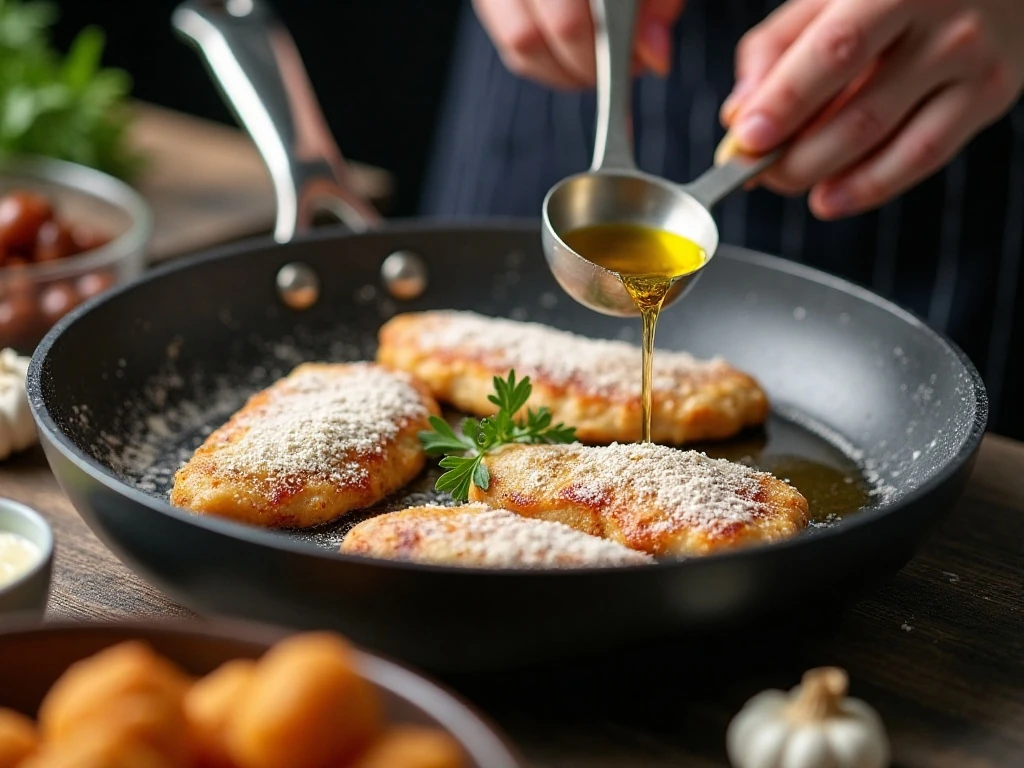 Chicken tenders searing in a skillet before the garlic butter sauce is added