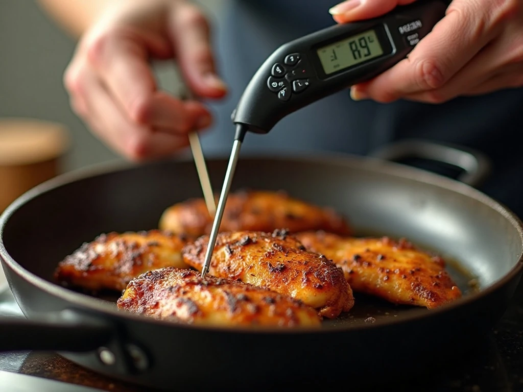 Checking chicken tenders with an instant-read thermometer