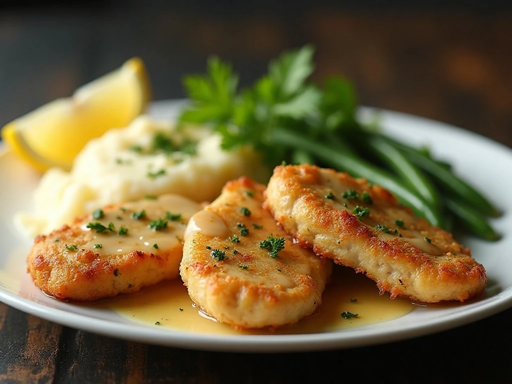 Garlic butter chicken tenders with mashed potatoes and green beans