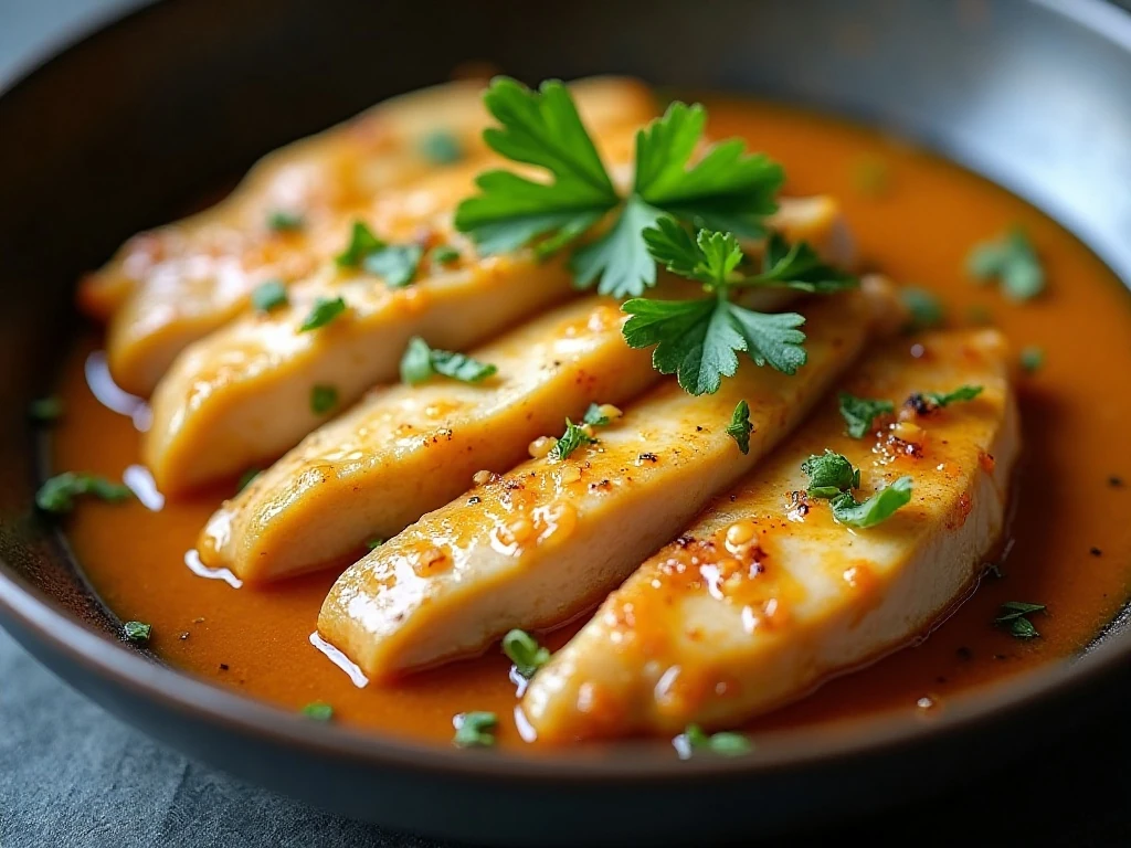Close-up of juicy garlic butter chicken tenders with parsley garnish