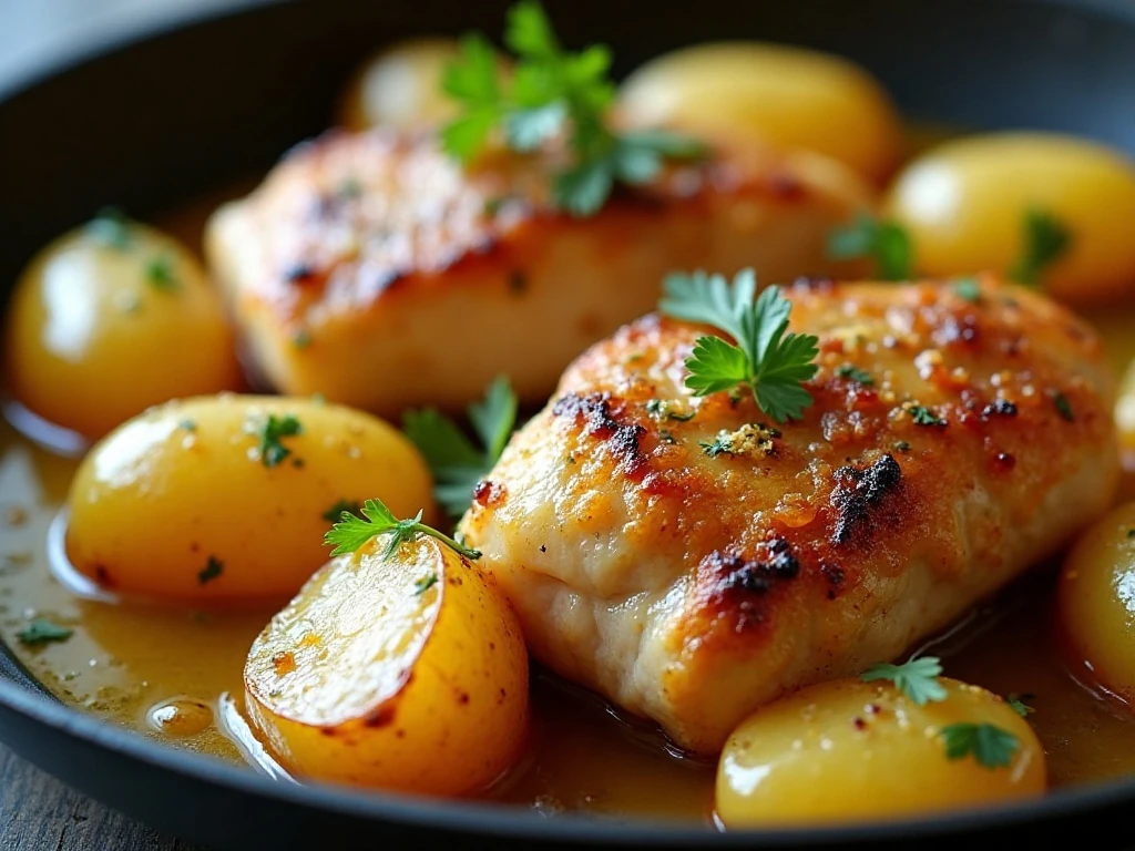 Close-up of tender chicken and browned potatoes coated in garlic butter sauce