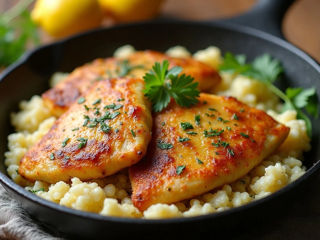 Garlic butter chicken served over Parmesan cauliflower rice