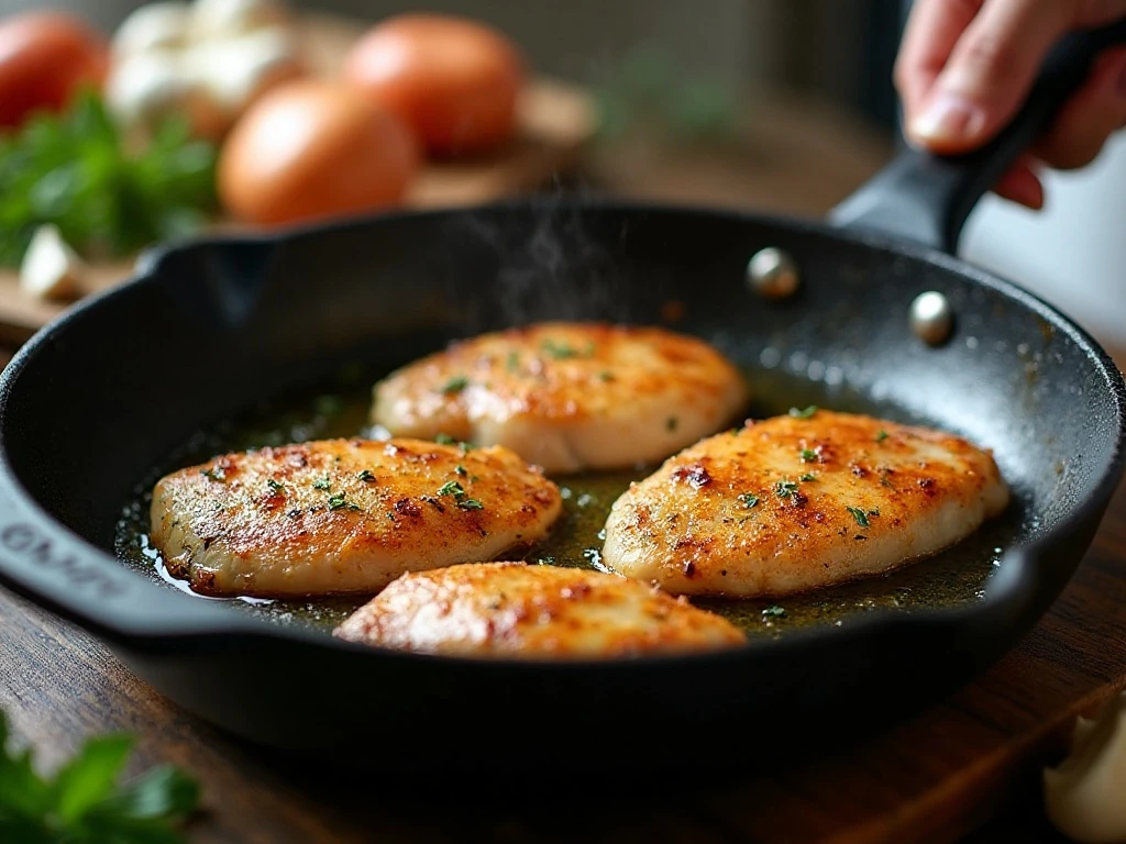 Chicken cutlets searing in a skillet