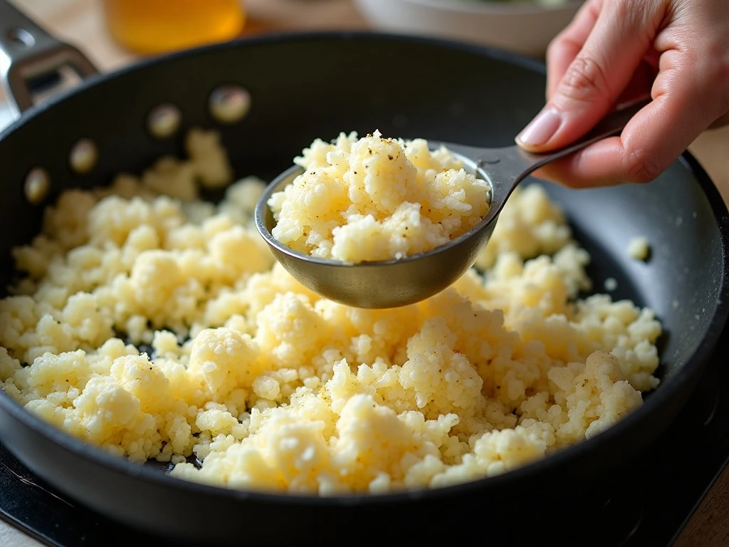 Cauliflower rice cooking with garlic and butter