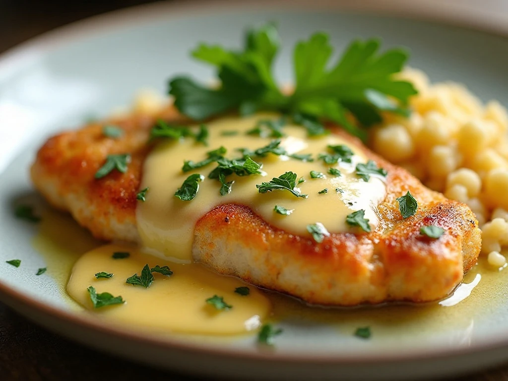 Close-up of parsley-garnished garlic butter chicken