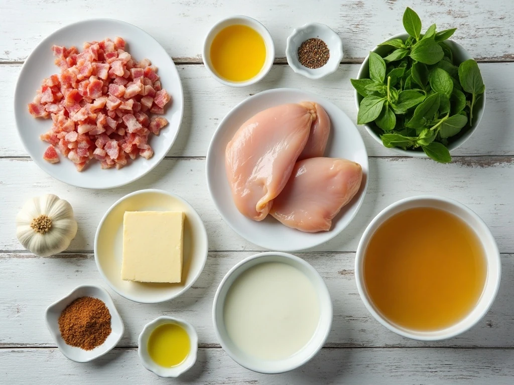 Ingredients for garlic butter chicken with spinach and bacon