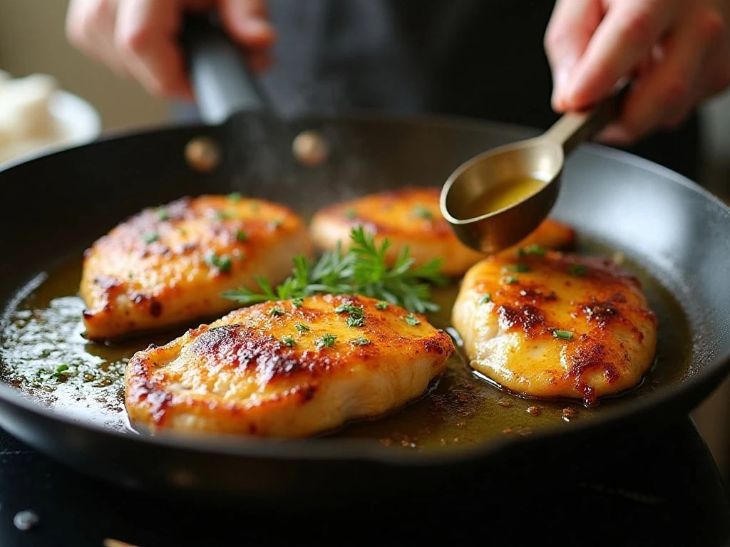 Chicken breasts searing in a skillet for garlic butter chicken