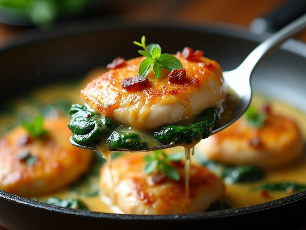 Creamy Parmesan garlic sauce coating chicken with spinach and bacon