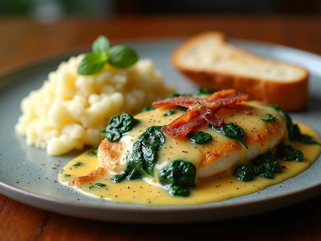 Plated garlic butter chicken with spinach and bacon dinner