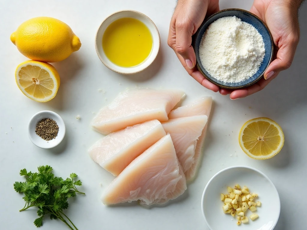 Ingredients for easy 15-minute garlic butter fish arranged on a kitchen counter