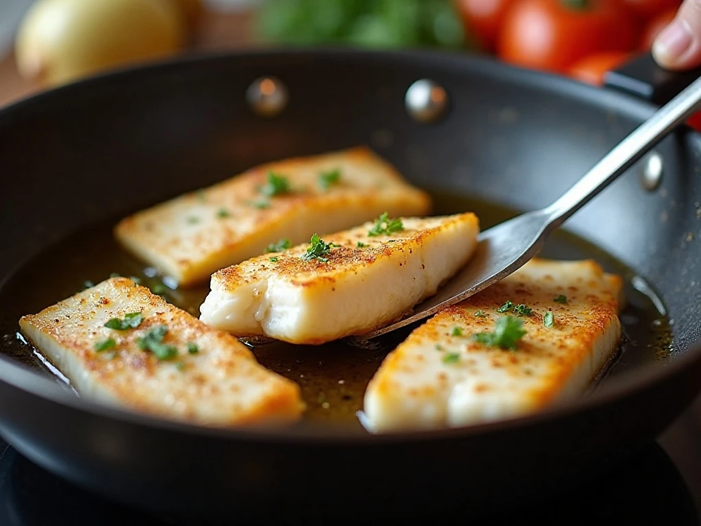 White fish fillets pan-searing in olive oil and butter