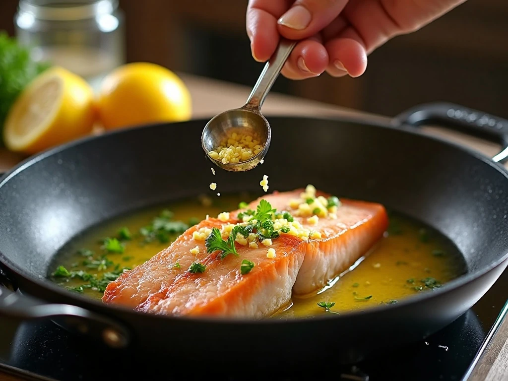 Garlic cooking gently in melted butter for fish sauce