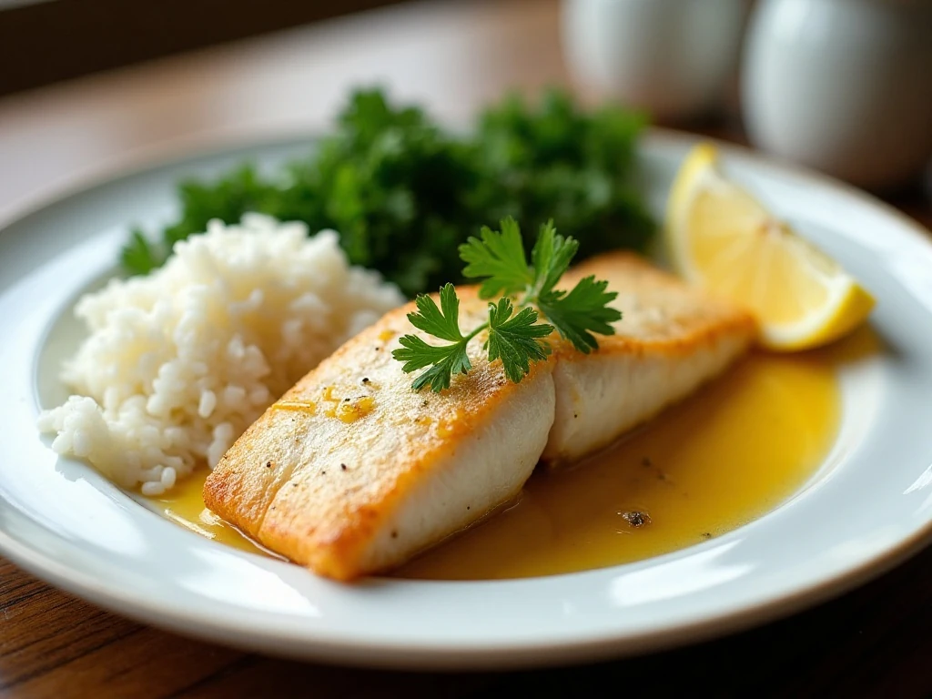 Garlic butter fish served with rice, vegetables, parsley, and lemon