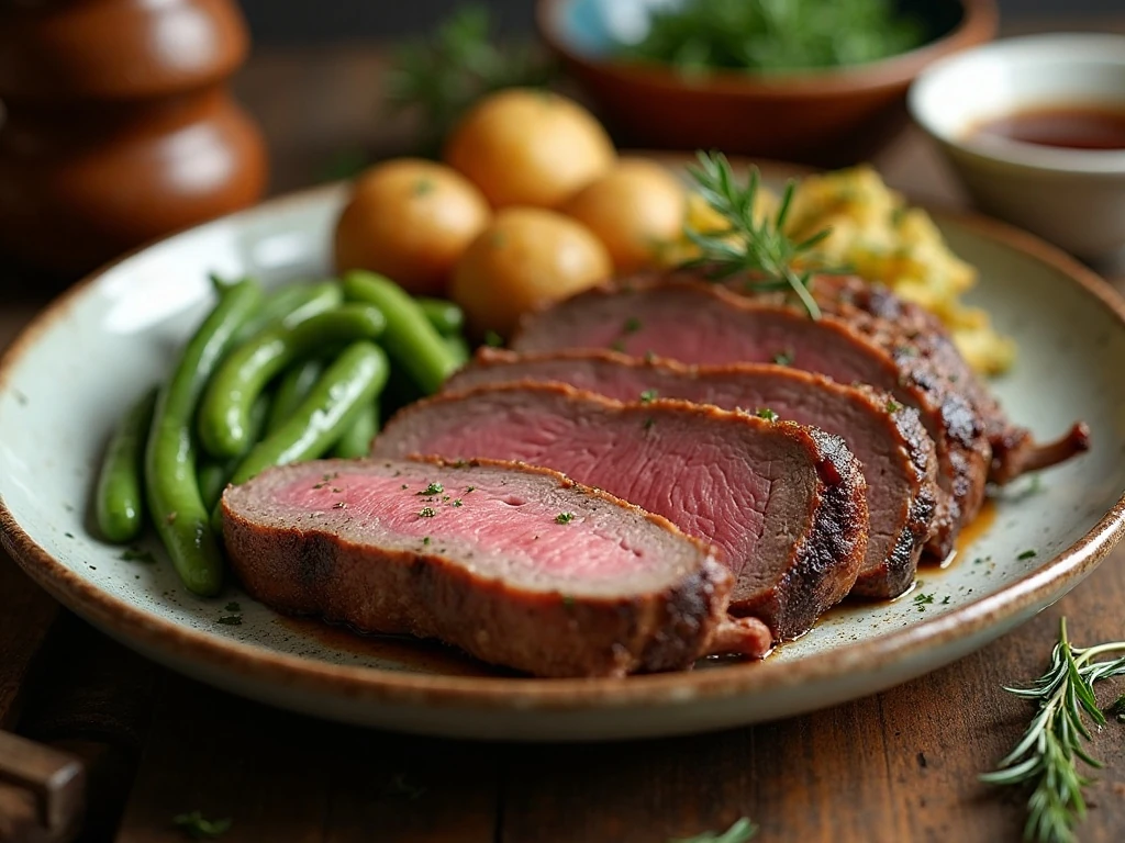 Sliced garlic butter herb roast beef served with classic dinner sides