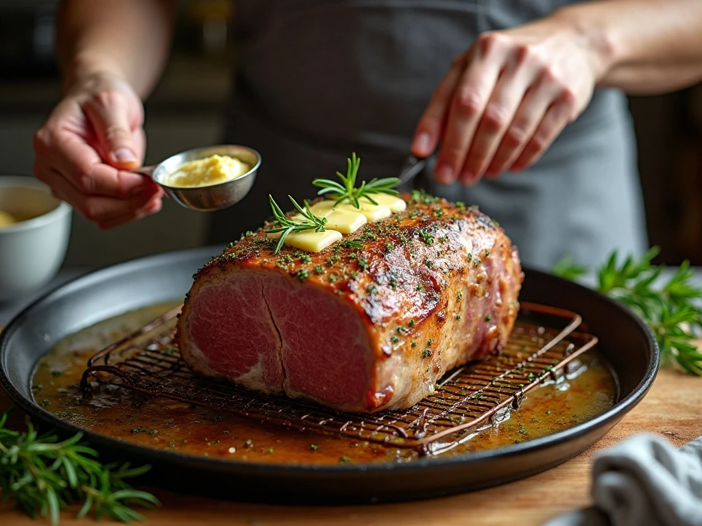 Coating a beef roast with garlic herb butter before roasting