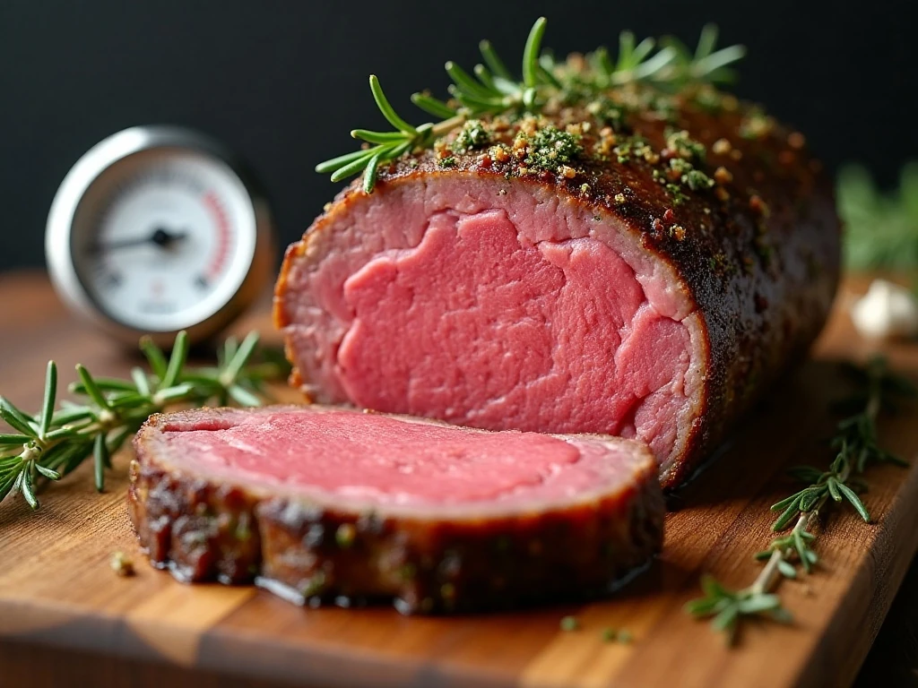 Rosy medium-rare center of garlic herb roast beef