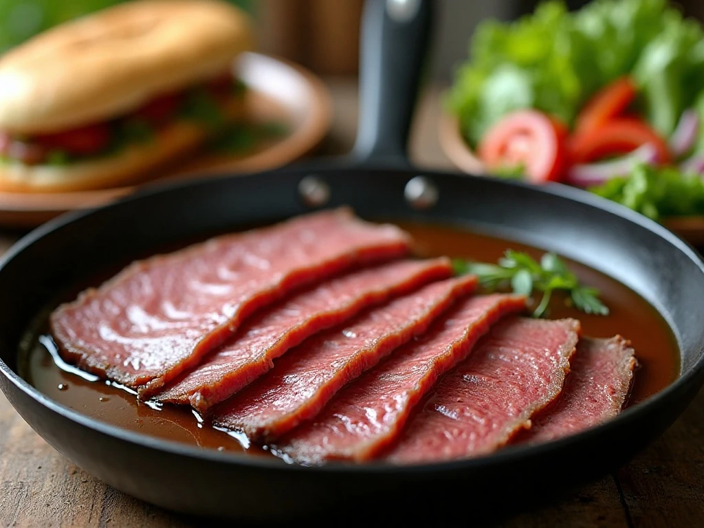 Tender leftover roast beef slices with pan juices