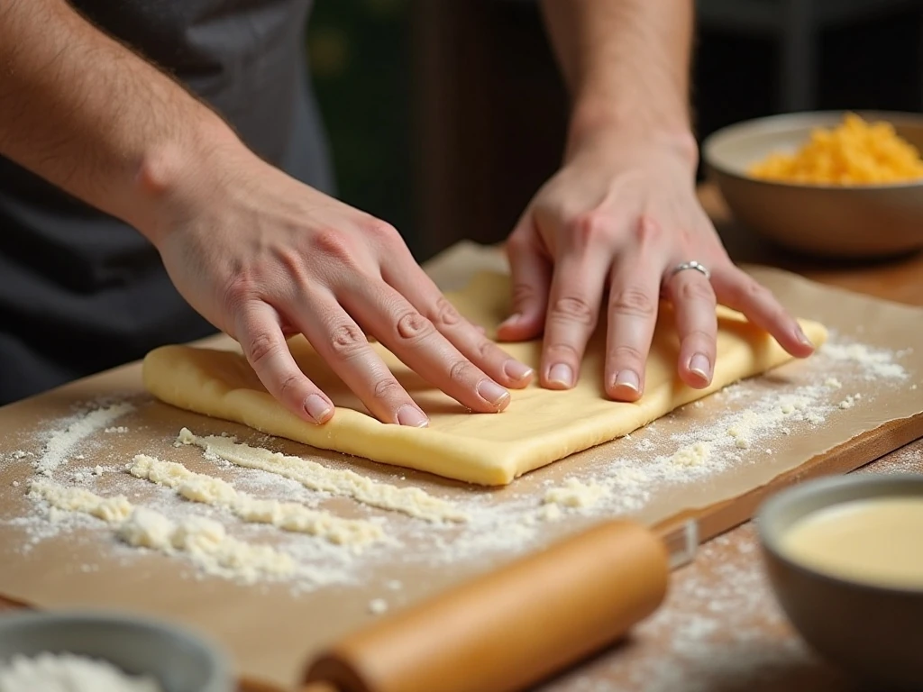 Shaping keto bread dough on a parchment-lined baking sheet